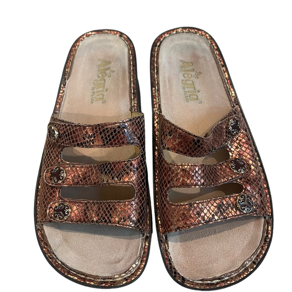 Alegria Fiona Triple Strap Slide Sandals in Copper, Sz 37